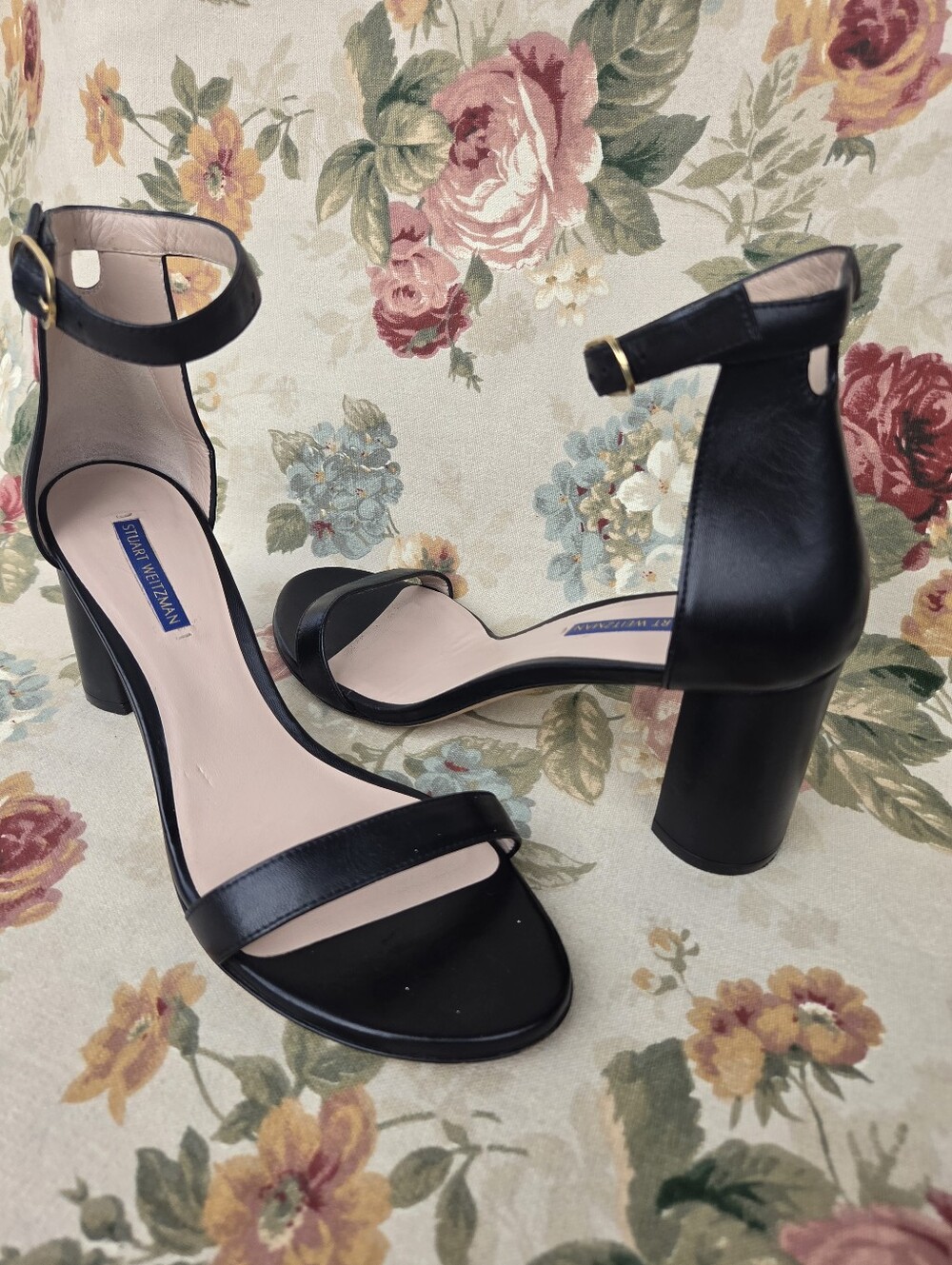 Stuart Weitzman Black Ankle-Strap Block Heel Sandals Women's 10.5